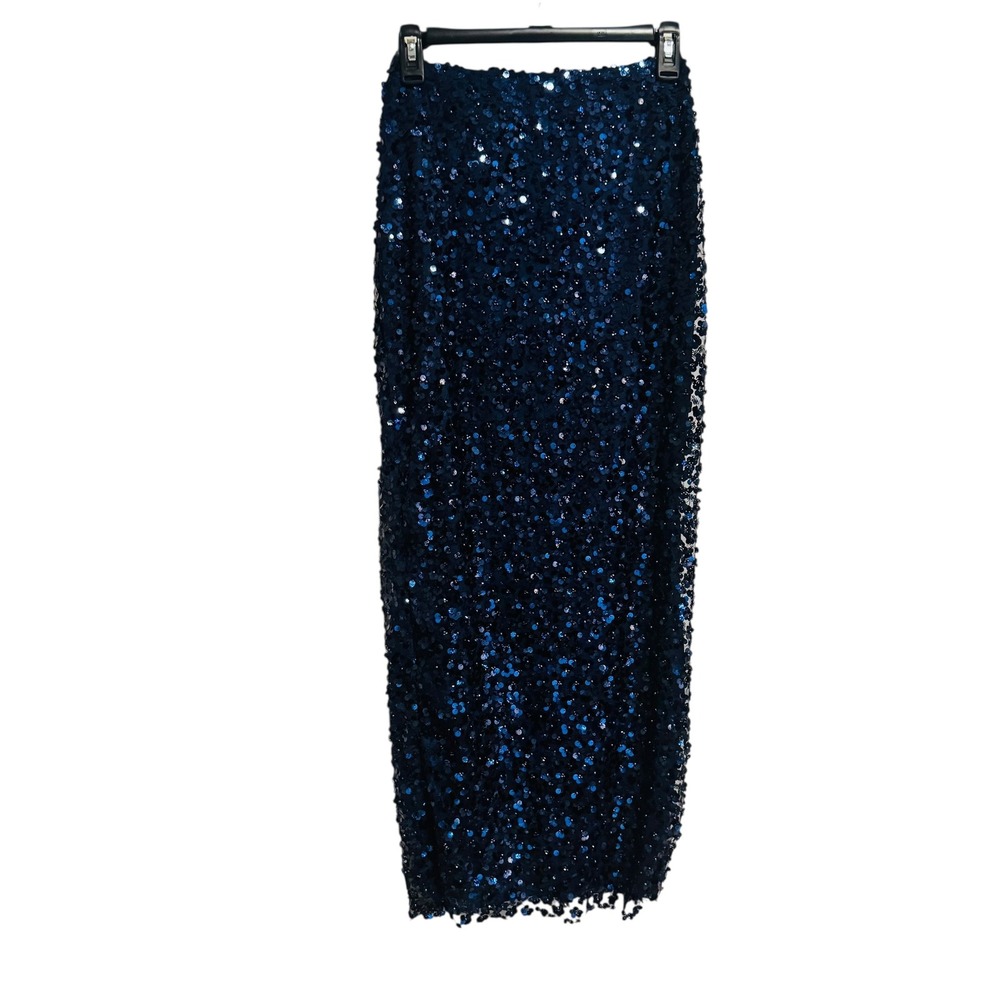 NEW MABLE Navy Blue Sequin Maxi Midi‎ Skirt with Slit Elastic Waist Size Small